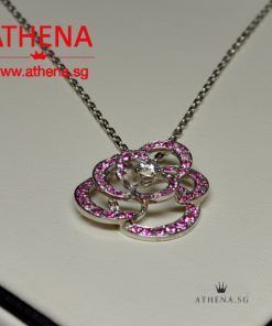 Alternative view of 18K WHITE GOLD CHANEL CAMELLIA FLOWER PINK SAPPHIRE & CENTRAL DIAMOND PENDANT NECKLACE 6.29G