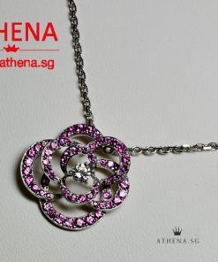 18K WHITE GOLD CHANEL CAMELLIA FLOWER PINK SAPPHIRE & CENTRAL DIAMOND PENDANT NECKLACE 6.29G