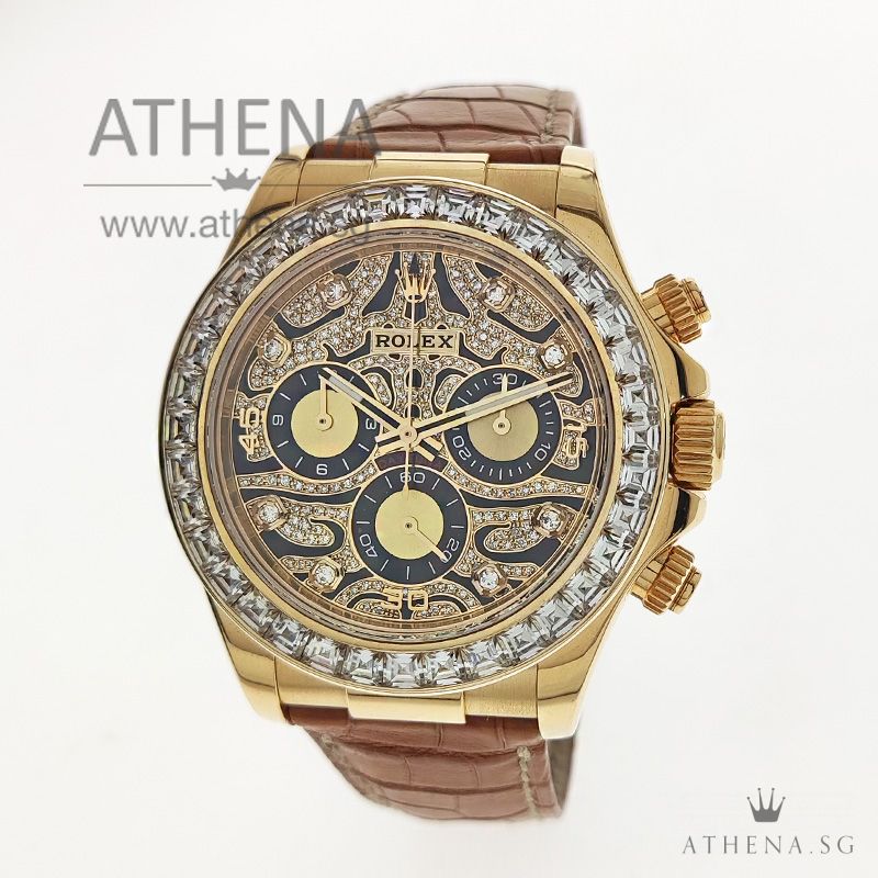 18K YELLOW GOLD ROLEX COSMOGRAPH DAYTONA "D" SERIES "CUSTOMIZE EYE OF TIGER DIAL & MOISSANITE BEZEL" WITH RSC SERVICE RECEIPT & BOX 116518