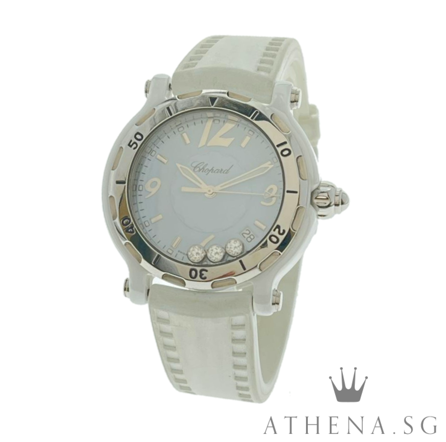CHOPARD HAPPY SPORT ROUND CERAMIC "SKY BLUE DIAL WITH 3 FLOATING DIAMONDS" QUARTZ "LIMITED EDITION OF 300 PIECES" 8507
