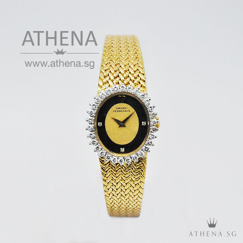 YELLOW GOLD PLATED GIRARD PERREGAUX "BLACK/GOLD DIAMOND DIAL" MANUAL WINDING WITH CUSTOMIZE DIAMOND BEZEL