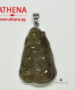 Alternative view of 18K WG JADE PENDANT CARVED WITH PIXIU, RUYI & COIN 19.90G
