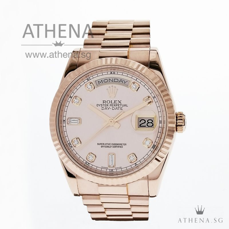 18K EVEROSE GOLD ROLEX OYSTER PERPETUAL DAY-DATE "M" SERIES "PINK DIAMOND DIAL" WITH CHAPTER RING & RSC SERVICE RECEIPT 118235