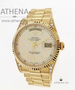 ROLEX 18K YELLOW GOLD OYSTER PERPETUAL DAY-DATE "K" SERIES "CHAMPAGNE INDEX DIAL" WITH ORIGINAL FACTORY SETTING DIAMOND ON LUGS, BOX & CERT 118338