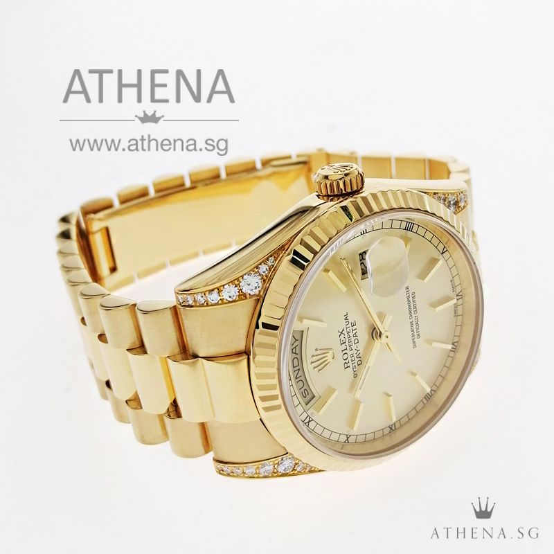 ROLEX 18K YELLOW GOLD OYSTER PERPETUAL DAY-DATE "K" SERIES "CHAMPAGNE INDEX DIAL" WITH ORIGINAL FACTORY SETTING DIAMOND ON LUGS, BOX & CERT 118338 - Image 2