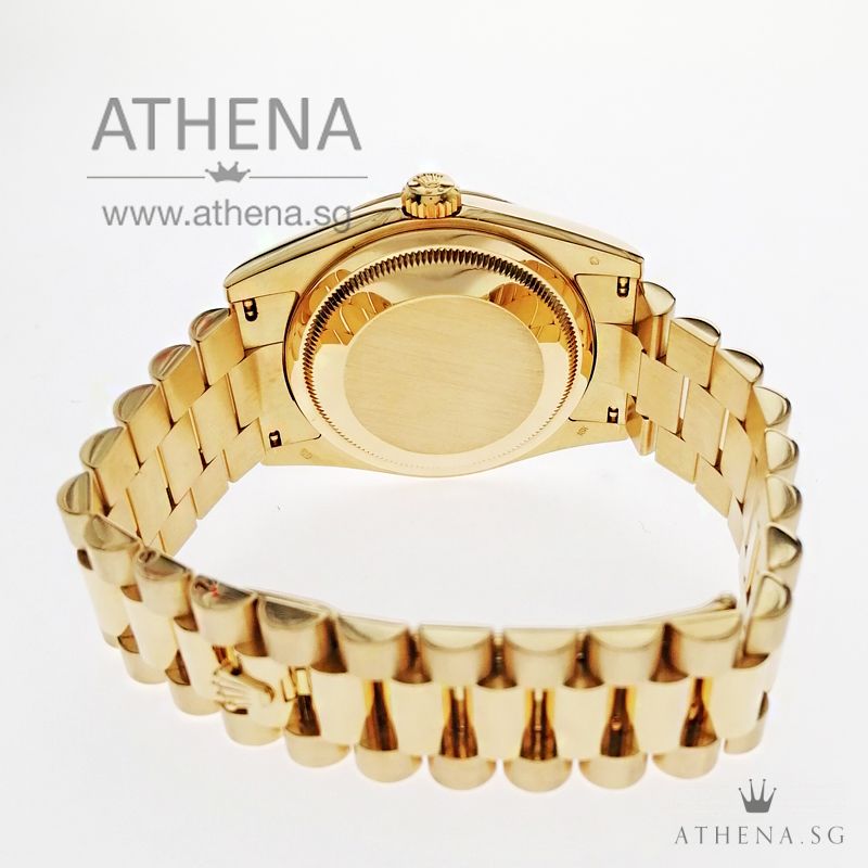 ROLEX 18K YELLOW GOLD OYSTER PERPETUAL DAY-DATE "K" SERIES "CHAMPAGNE INDEX DIAL" WITH ORIGINAL FACTORY SETTING DIAMOND ON LUGS, BOX & CERT 118338 - Image 3