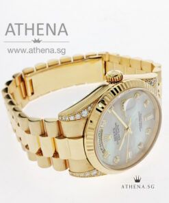 Alternative view of ROLEX 18K YELLOW GOLD OYSTER PERPETUAL DAY-DATE "K" SERIES "MOP DIAMOND DIAL" WITH ORIGINAL FACTORY SETTING DIAMOND ON LUGS WITH BOX & CERT 118338 (LOCAL AD)