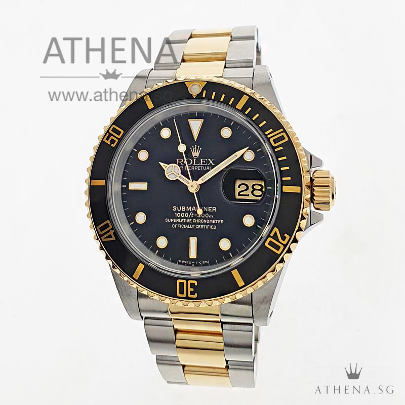 ROLEX "HALF GOLD" OYSTER PERPETUAL BLACK SUBMARINER DATE "E" SERIES "BLACK TRITIUM DIAL" WITH CERT & RSC SERVICE PAPER 16613 (STILL UNDER RSC SERVICE WARRANTY) LOCAL AD