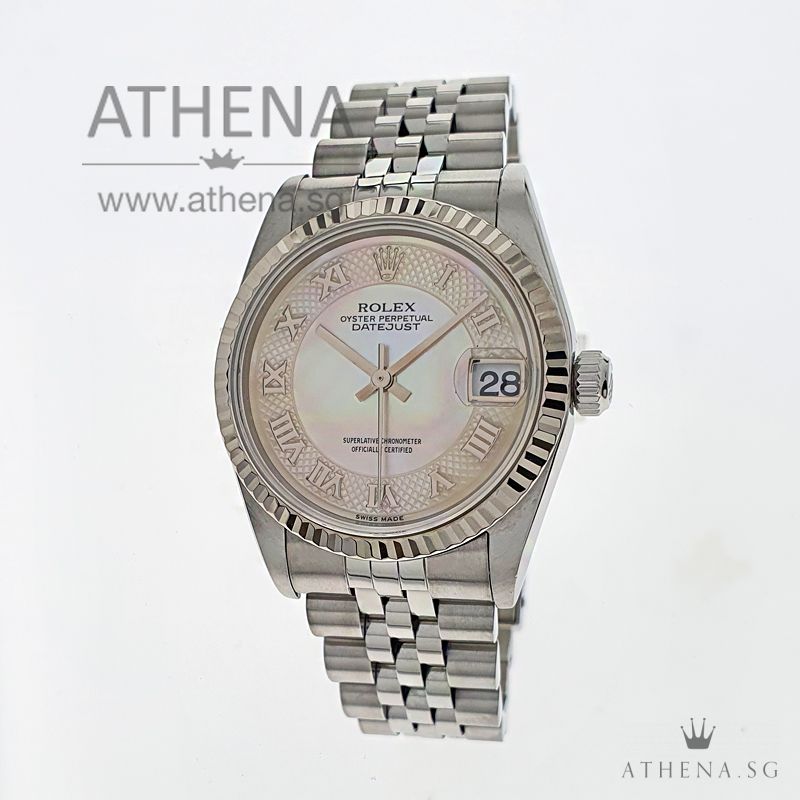 ROLEX MID-SIZE OYSTER PERPETUAL DATEJUST "F" SERIES "WHITE MOP ROMAN DIAL" 78274