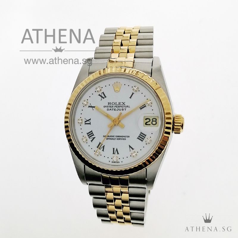 ROLEX "HALF-GOLD" MID-SIZE OYSTER PERPETUAL DATEJUST "E" SERIES "WHITE ROMAN DIAMOND DIAL" 68273