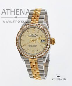 UNWORN !!! ROLEX YELLOW ROLESOR LADIES DATEJUST 28 "AN" SERIES "CHAMPAGNE INDEX DIAL" WITH BOX & CERT 279383