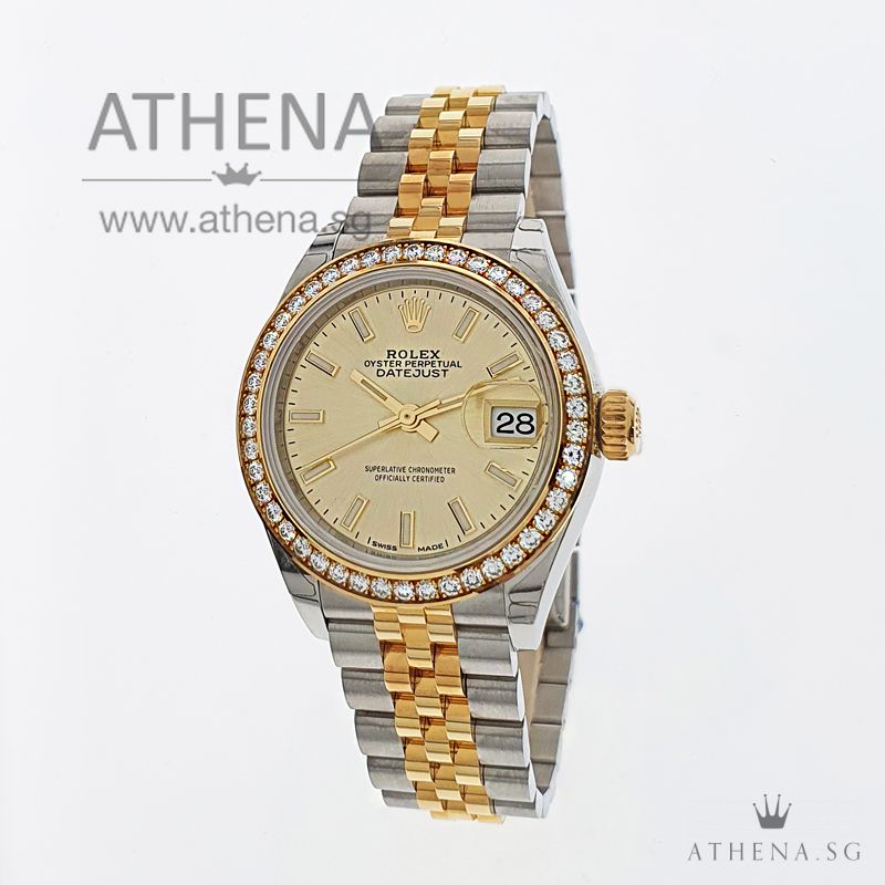 UNWORN !!! ROLEX YELLOW ROLESOR LADIES DATEJUST 28 "AN" SERIES "CHAMPAGNE INDEX DIAL" WITH BOX & CERT 279383