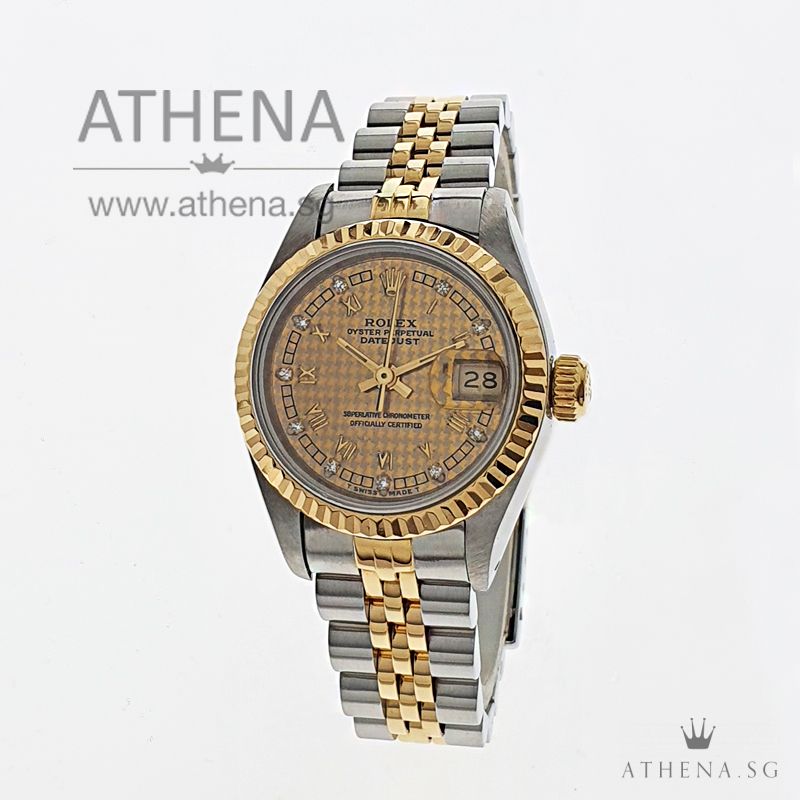 ROLEX "HALF-GOLD" OYSTER PERPETUAL LADIES DATEJUST "E" SERIES "CHAMPAGNE CHECKEVED DIAMOND ROMAN DIAL" 69173