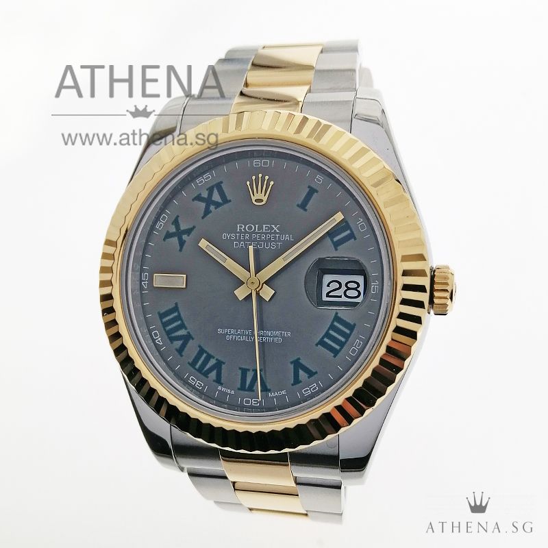 ROLEX YELLOW ROLESOR MENS OYSTER PERPETUAL DATEJUST 41 "AN" SERIES "SLATE WIMBLEDON ROMAN DIAL" WITH CERT 116333