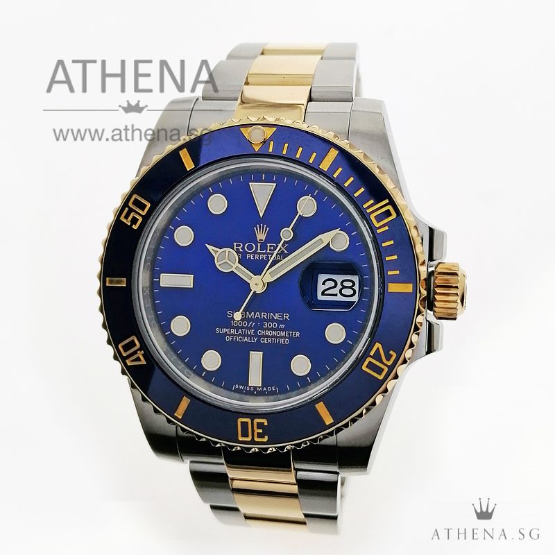 ROLEX YELLOW ROLESOR OYSTER PERPETUAL SUBMARINER BLUE CERAMIC DATE "AN" SERIES "BLUE DIAL" WITH BOX & CERT 116613LB (STILL UNDER AGENT WARRANTY)