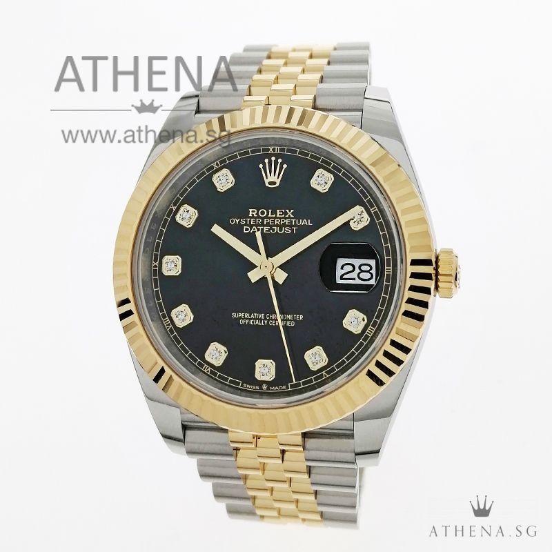 LIKE NEW !!! ROLEX YELLOW ROLESOR MENS OYSTER PERPETUAL DATEJUST 41 "AN" SERIES "BLACK DIAMONDS DIAL" WITH BOX & CERT 126333 (STILL UNDER AGENT WARRANTY)