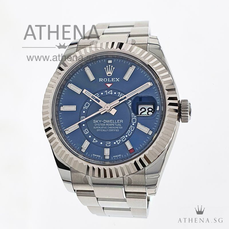 UNWORN !!! ROLEX WHITE ROLESOR OYSTER PERPETUAL ANNUAL CALENDAR GMT SKY-DWELLER "AN" SERIES "BLUE DIAL" WITH BOX & CERT 326934