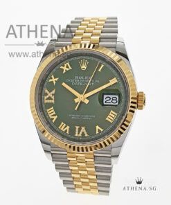 UNWORN !!! ROLEX YELLOW ROLESOR OYSTER PERPETUAL DATEJUST 36 "OLIVE GREEN ROMAN DIAL WITH VI & IX DIAMOND" WITH BOX AND CERT 126233