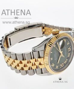 Alternative view of UNWORN !!! ROLEX YELLOW ROLESOR OYSTER PERPETUAL DATEJUST 36 "OLIVE GREEN ROMAN DIAL WITH VI & IX DIAMOND" WITH BOX AND CERT 126233