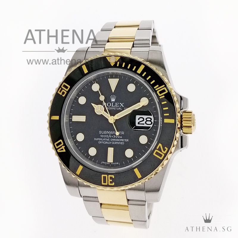ROLEX YELLOW ROLESOR OYSTER PERPETUAL SUBMARINER CERAMIC DATE "AN" SERIES "BLACK DIAL" WITH BOX & CERT 116613LN (STILL UNDER AGENT WARRANTY)