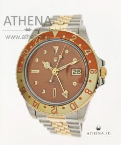 COLLECTIBLE TIMEPIECE !!! ROLEX "HALF GOLD" OYSTER PERPETUAL DATE GMT-MASTER ROOTBEER "BROWN NIPPLE DIAL" WITH BOX & CERT 1675