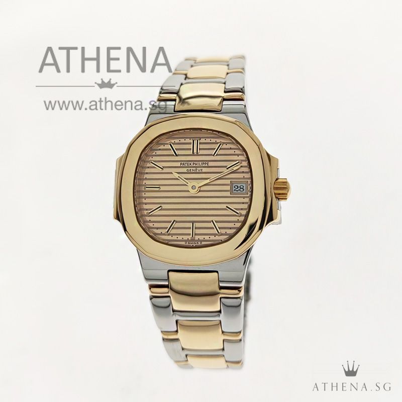 PATEK PHILIPPE LADIES NAUTILUS TWO TONE QUARTZ "CHAMPAGNE DIAL" WITH SERVIVE BOX & CERT 4700