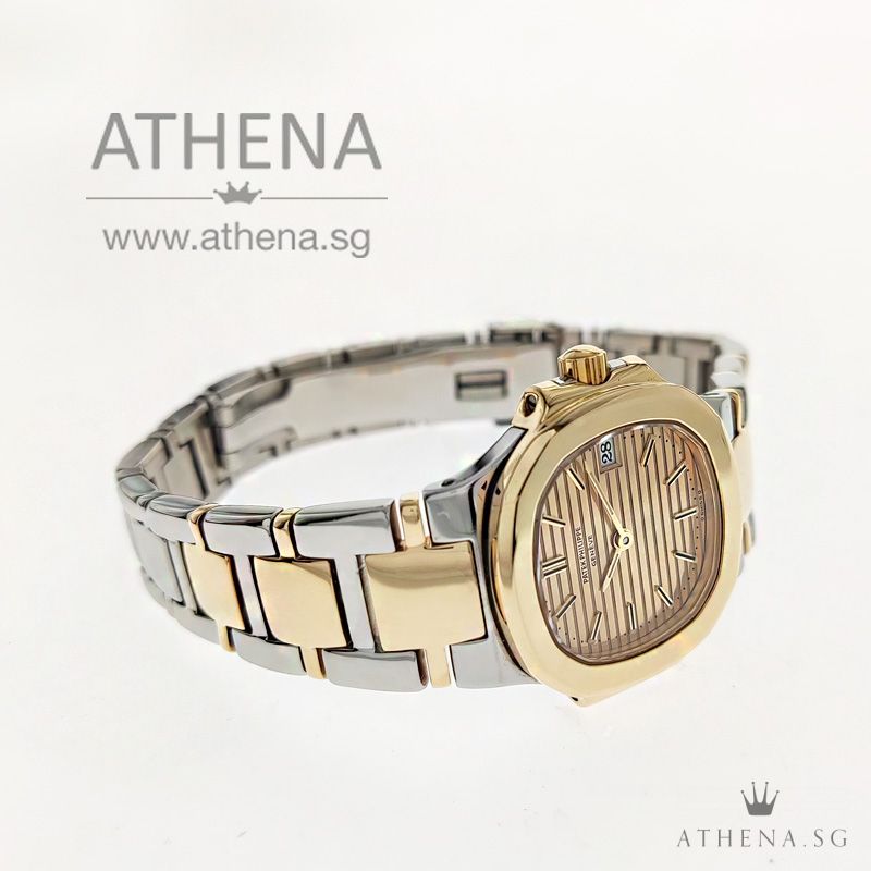 PATEK PHILIPPE LADIES NAUTILUS TWO TONE QUARTZ "CHAMPAGNE DIAL" WITH SERVIVE BOX & CERT 4700 - Image 2