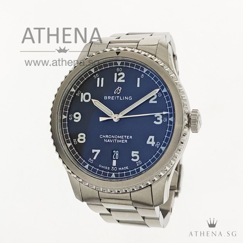 LIKE NEW !!! BREITLING NANITIMER 8 AUTOMATIC " BLUE ARABIC DIAL" WITH BOX & CERT A17314 (STILL UNDER AGENT WARRANTY)