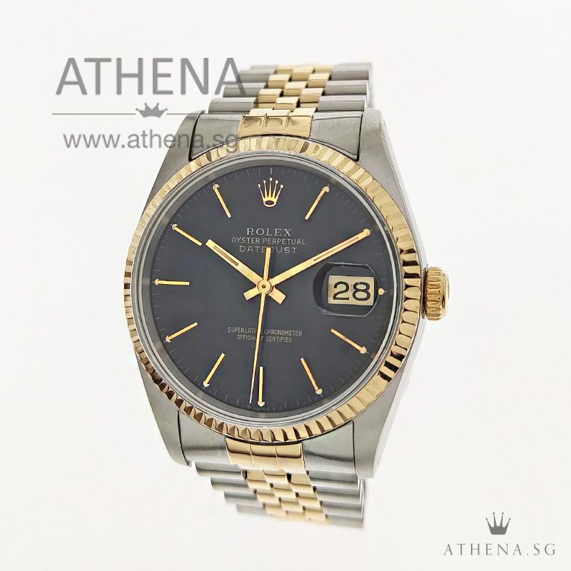 ROLEX "HALF-GOLD" MENS OYSTER PERPETUAL DATEJUST "E"" SERIES "BLACK INDEX DIAL" 16233