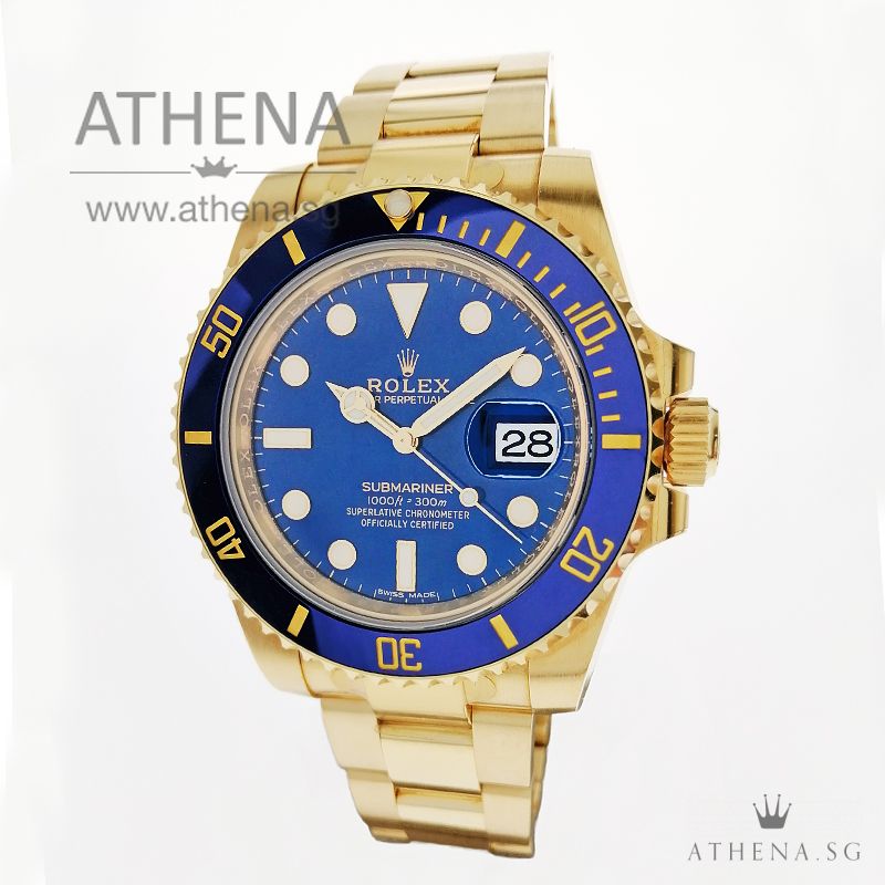 18K YELLOW GOLD ROLEX OYSTER PERPETUAL SUBMARINER DATE CERAMIC "AN" SERIES "BLUE DIAL" WITH BOX & CERT 116618LB