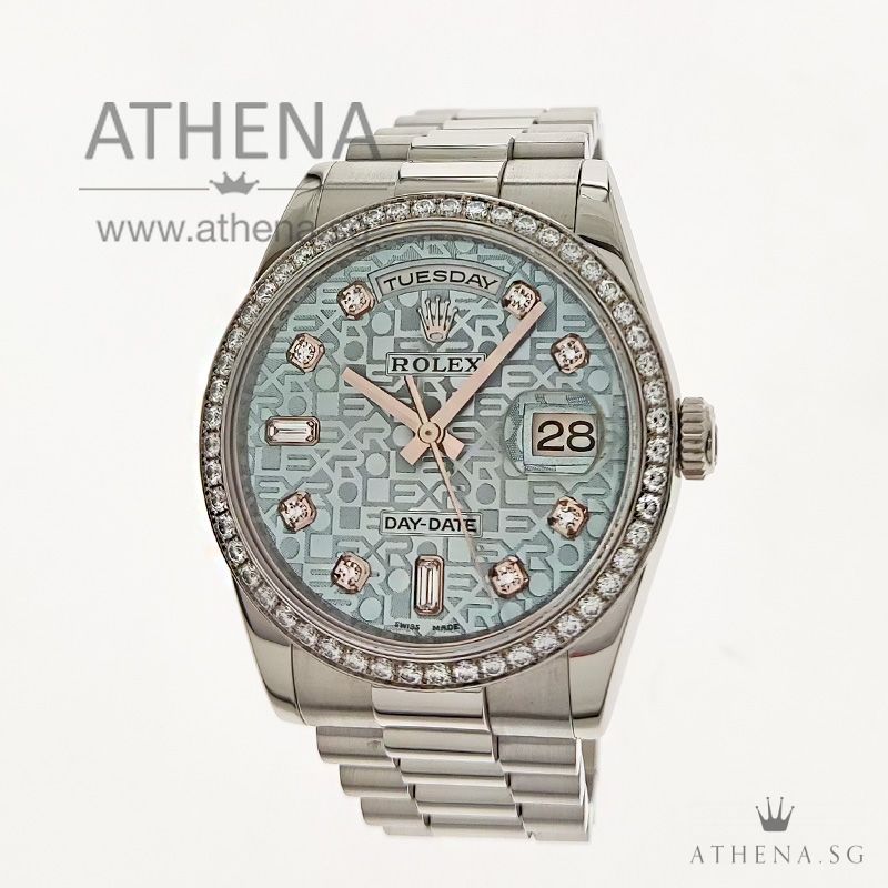 PLATINUM 950 ROLEX MEN DAY-DATE "G" SERIES "ICE BLUE DIAMONDS DIAL" WITH BOX & CERT 118346