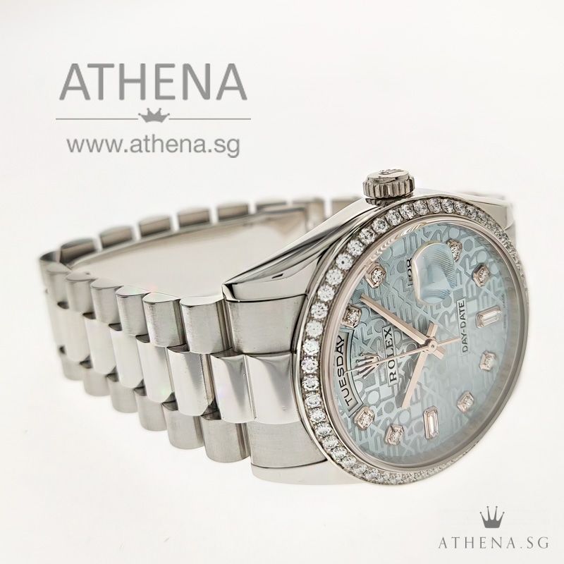 PLATINUM 950 ROLEX MEN DAY-DATE "G" SERIES "ICE BLUE DIAMONDS DIAL" WITH BOX & CERT 118346 - Image 2