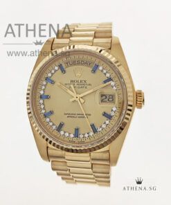 ROLEX 18K YELLOW GOLD OYSTER PERPETUAL DAY-DATE " CHAMPAGNE BLUE SAPPHIRE & DIAMONDS DIAL" WITH BOX 18038