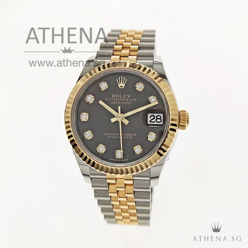LIKE NEW !!! ROLEX YELLOW ROLESOR MID-SIZE OYSTER PERPETUAL DATEJUST "AN" SERIES "DARK GREY DIAMOND DIAL" WITH BOX & CERT 278273 (STILL UNDER AGENT WARRANTY