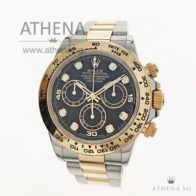 ROLEX YELLOW ROLESOR OYSTER PERPETUAL COSMOGRAPH DAYTONA "AN" SERIES "BLACK DIAMONDS DIAL" WITH BOX & CERT 116503 (STILL UNDER AGENT WARRANTY)