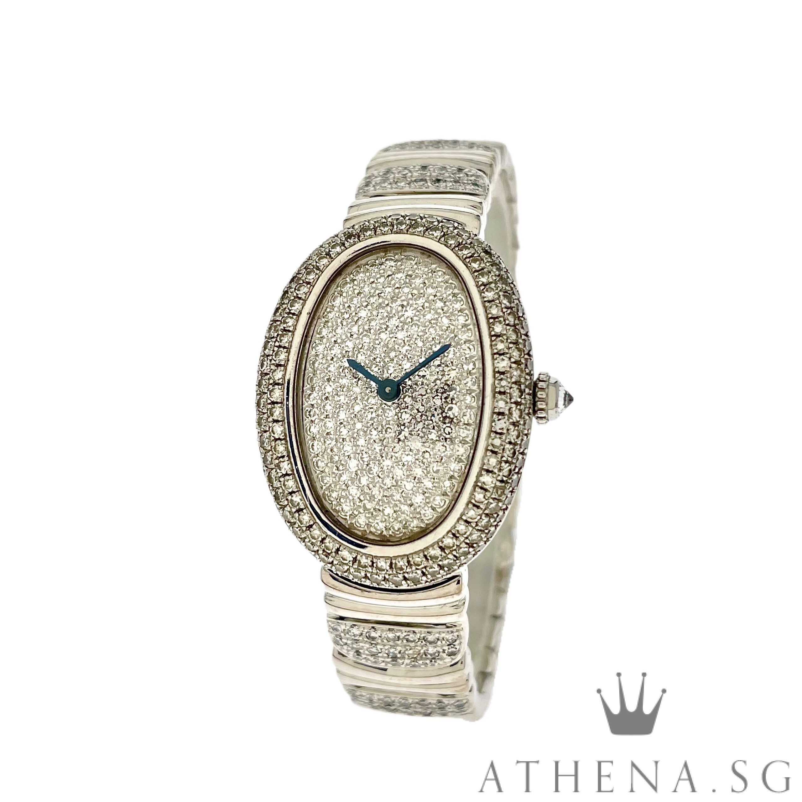 18K WHITE GOLD CARTIER LADIES BAIGNOIRE QUARTZ "CUSTOMIZE PAVED DIAMOND DIAL " WITH CUSTOMIZE DIAMOND SETTING BEZEL & BRACELET 1955