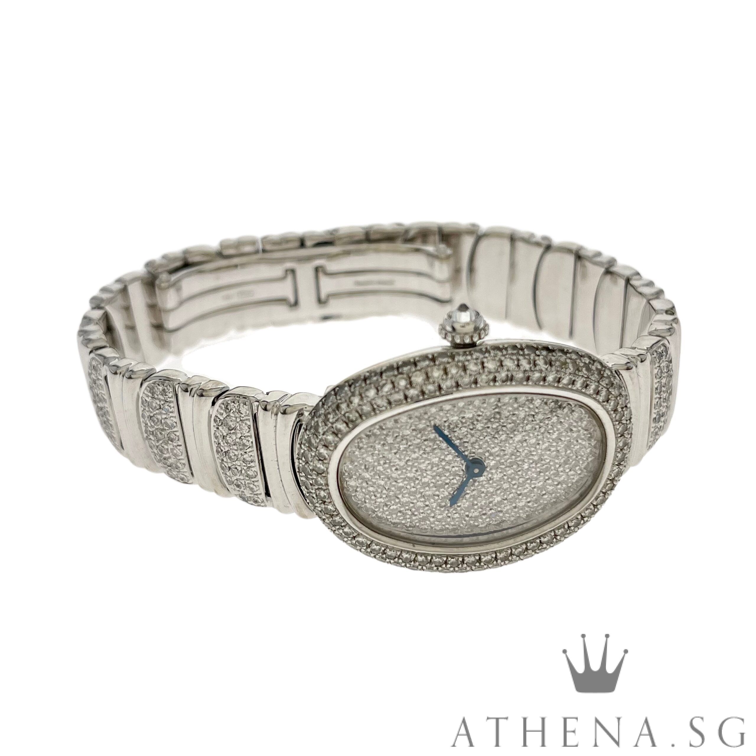 18K WHITE GOLD CARTIER LADIES BAIGNOIRE QUARTZ "CUSTOMIZE PAVED DIAMOND DIAL " WITH CUSTOMIZE DIAMOND SETTING BEZEL & BRACELET 1955 - Image 2