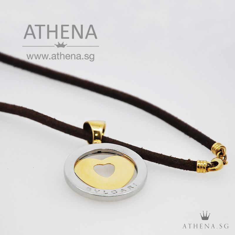 18K YG WITH STEEL BVLGARI TONDO HEART ON CORD NECKLACE 19.22G - Image 3