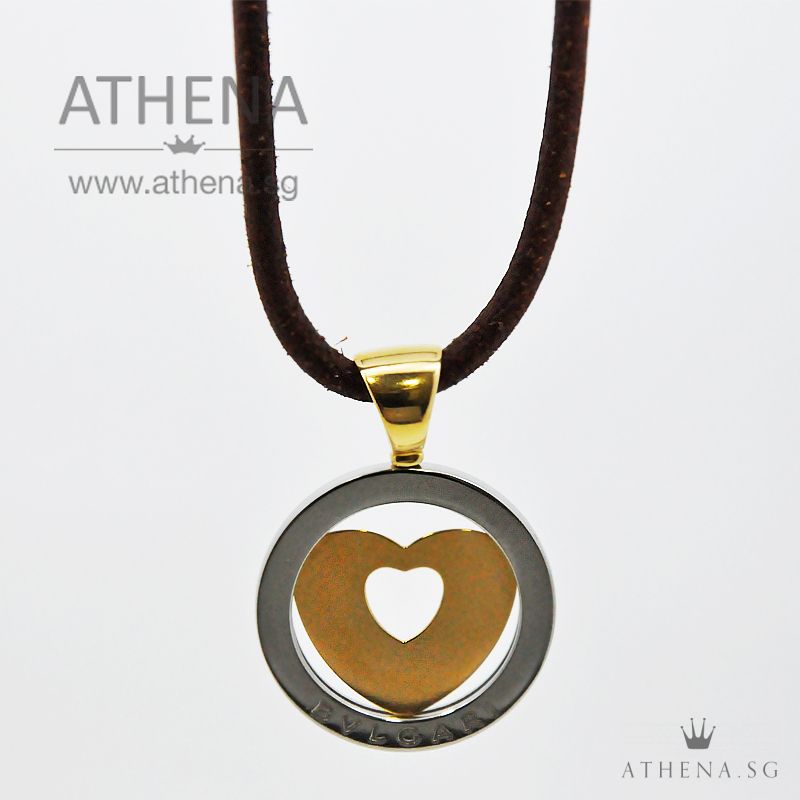 18K YG WITH STEEL BVLGARI TONDO HEART ON CORD NECKLACE 19.22G - Image 2