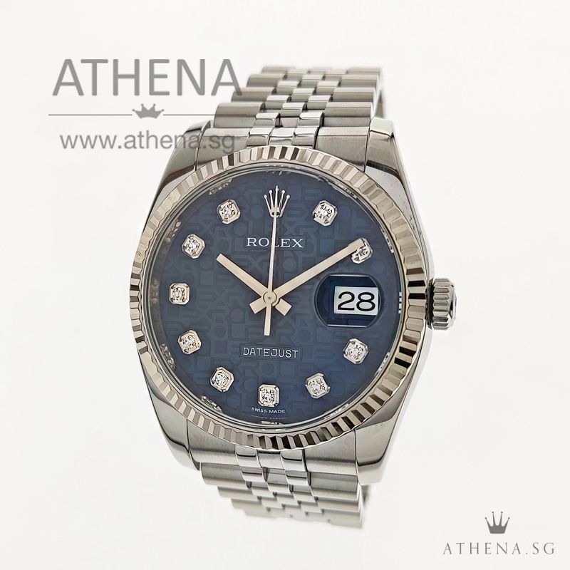 ROLEX MENS OYSTER PERPETUAL DATEJUST "AN" SERIES "DARK BLUE JUBILEE DIAMOND DIAL" WITH BOX & CERT 116234