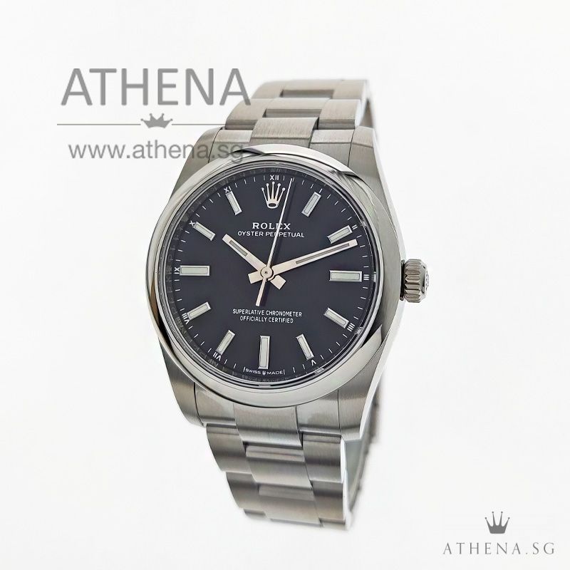 UNWORN !!! ROLEX OYSTER PERPETUAL 34 "AN" SERIES "SUNRAY BRIGHT BLACK DIAL" WITH BOX & CERT 124200