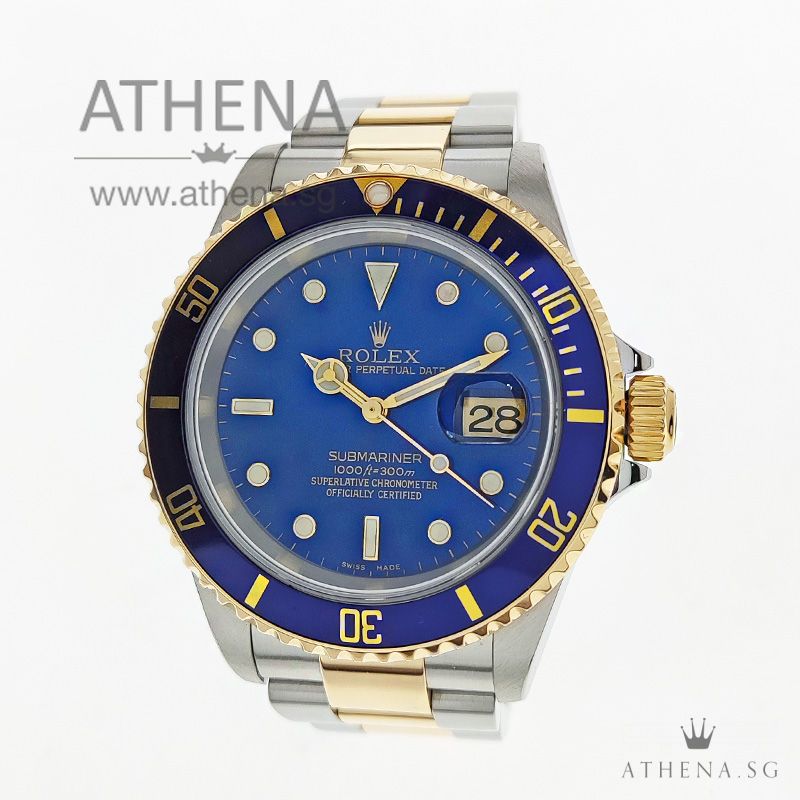 ROLEX YELLOW ROLESOR OYSTER PERPETUAL SUBMARINER DATE "F" SERIES "BLUE DIAL" WITH BOX & CERT 16613