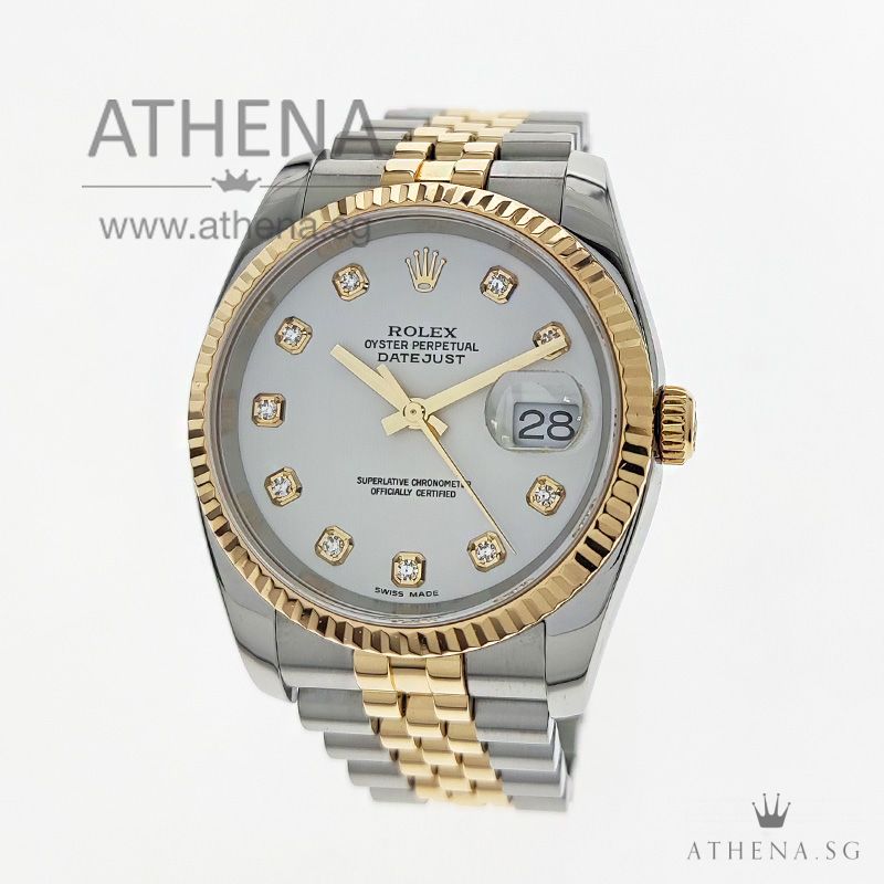 ROLEX YELLOW ROLESOR MENS OYSTER PERPETUAL DATEJUST " D " SERIES " WHITE DIAMONDS DIAL" 116233
