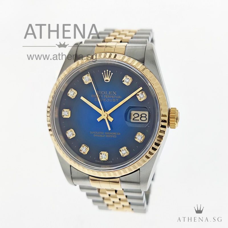 ROLEX "HALF-GOLD" MENS OYSTER PERPETUAL DATEJUST "U" SERIES "BLUE TWO TONE DIAMOND DIAL" 16233