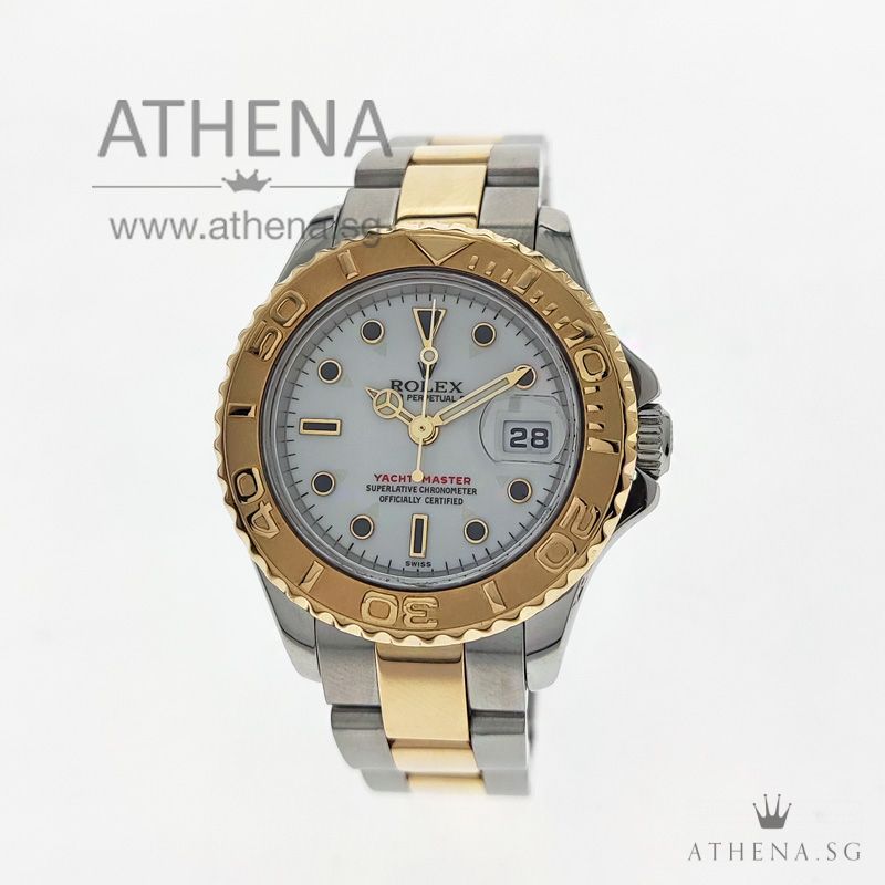 ROLEX YELLOW ROLESOR LADIES YACHT-MASTER " A " SERIES " WHITE ONYX DIAL " WITH CERT & ROLEX POUCH 169623
