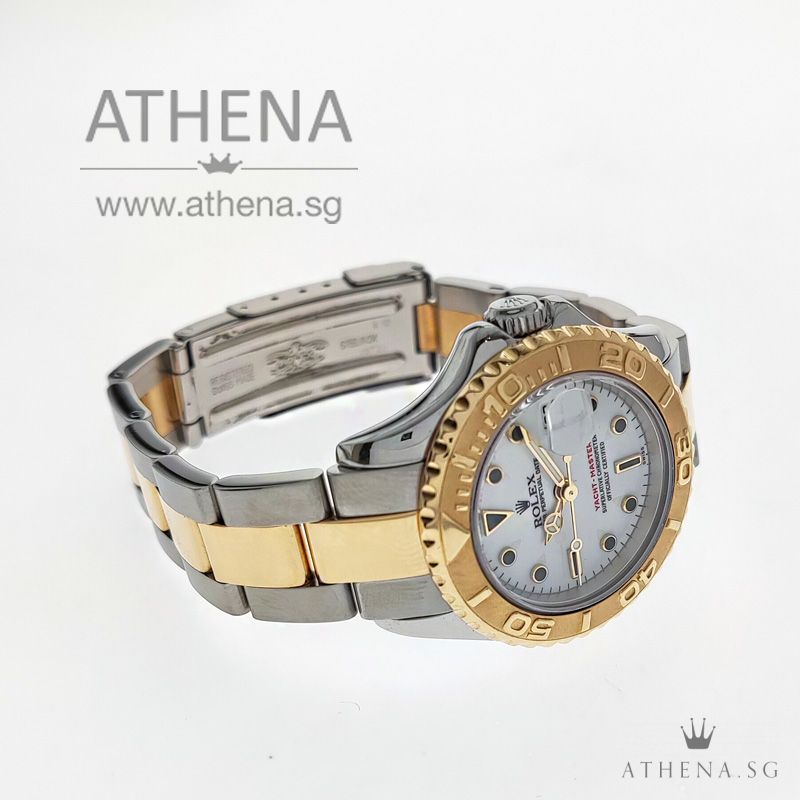 ROLEX YELLOW ROLESOR LADIES YACHT-MASTER " A " SERIES " WHITE ONYX DIAL " WITH CERT & ROLEX POUCH 169623 - Image 2