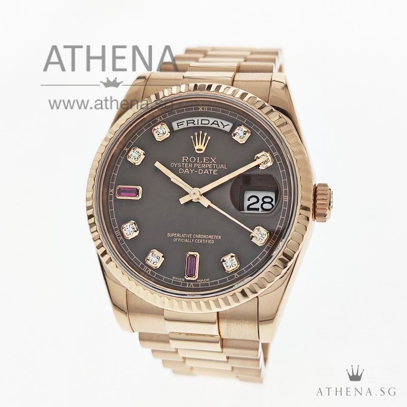 18K EVEROSE GOLD ROLEX OYSTER PERPETUAL DAY-DATE "P" SERIES "CHOC0LATE DIAMOND RUBY DIAL" WITH BOX, CERT & ROC SERVICE RECEIPT 118235