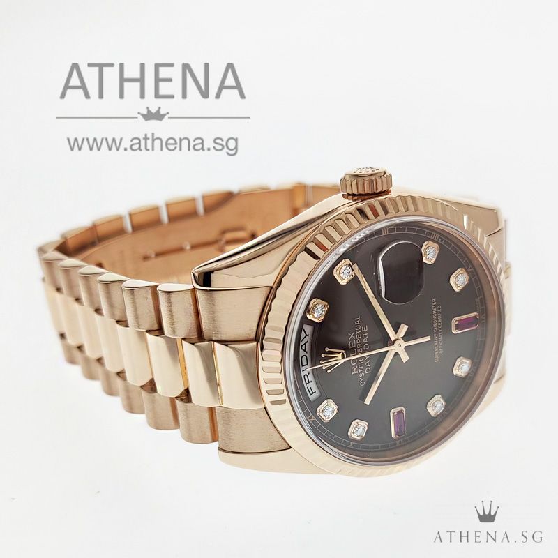 18K EVEROSE GOLD ROLEX OYSTER PERPETUAL DAY-DATE "P" SERIES "CHOC0LATE DIAMOND RUBY DIAL" WITH BOX, CERT & ROC SERVICE RECEIPT 118235 - Image 2