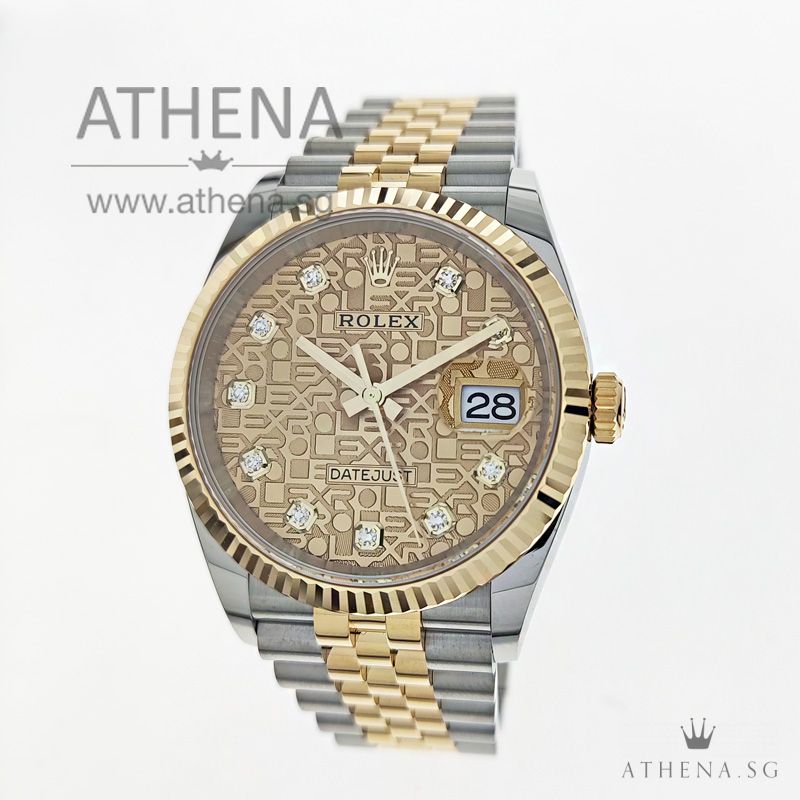 UNWORN !!! ROLEX YELLOW ROLESOR OYSTER PERPETUAL DATEJUST 36 "CHAMPAGNE JUBILEE DIAMOND DIAL " WITH BOX & CERT 126233
