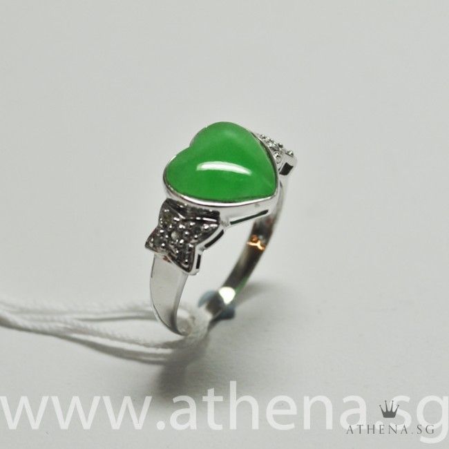 14K WG HEART SHAPE JADE RING WITH DIAMOND D10-0.10CTS 2.31G (SIZE 15.5) - Image 3